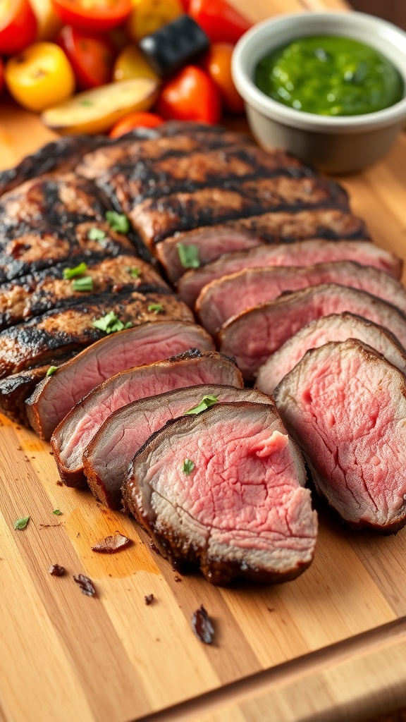 Air Fryer Flank Steak with Dry Rub Sliced air fryer flank steak with dry rub on a cutting board, garnished with herbs and served with grilled vegetables.